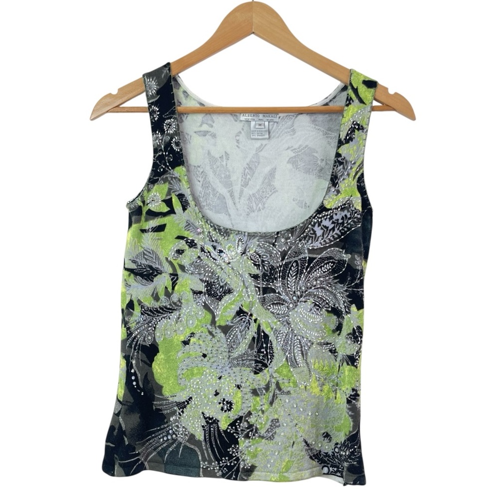 Alberto Makali Vintage Y2K Bead Embellished Abstract Floral Sleeveless Top Sz M